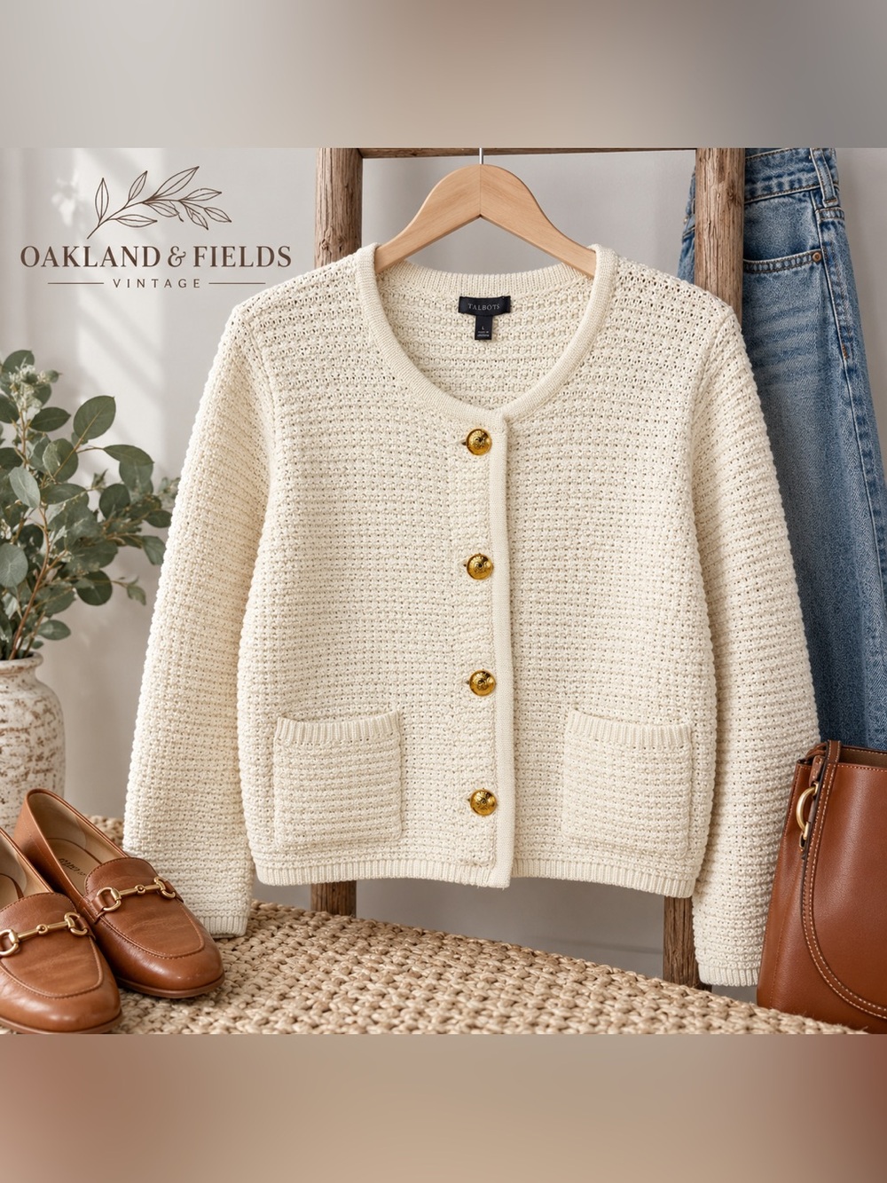 Talbots Kate Cardigan Ivory Cream Knit Gold Buttons Size Large